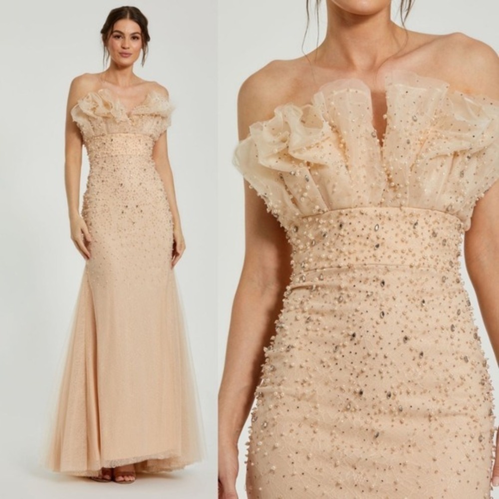 NWT Mac Duggal Strapless Embellished Tulle‎ Ruffle Mermaid Gown $1,198 - Size 2